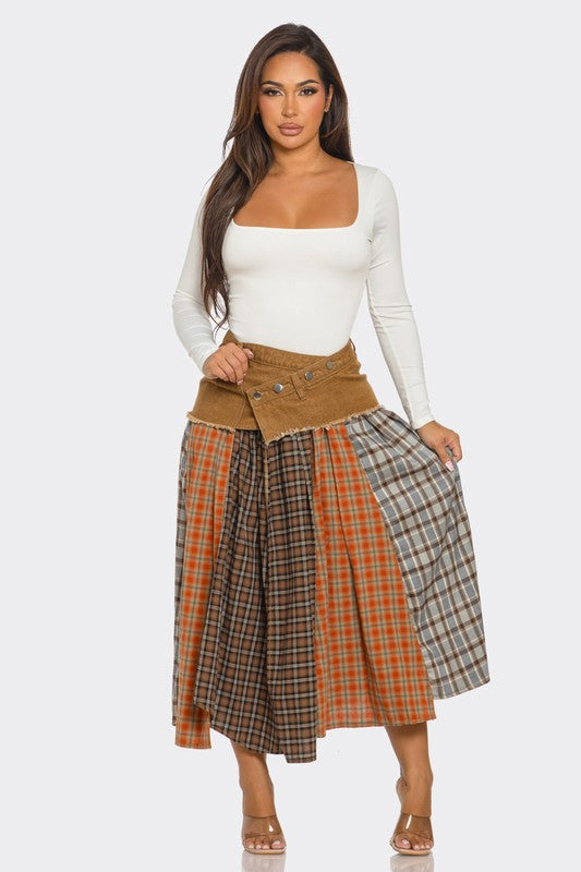 Caramel Plaid Button Split Skirt