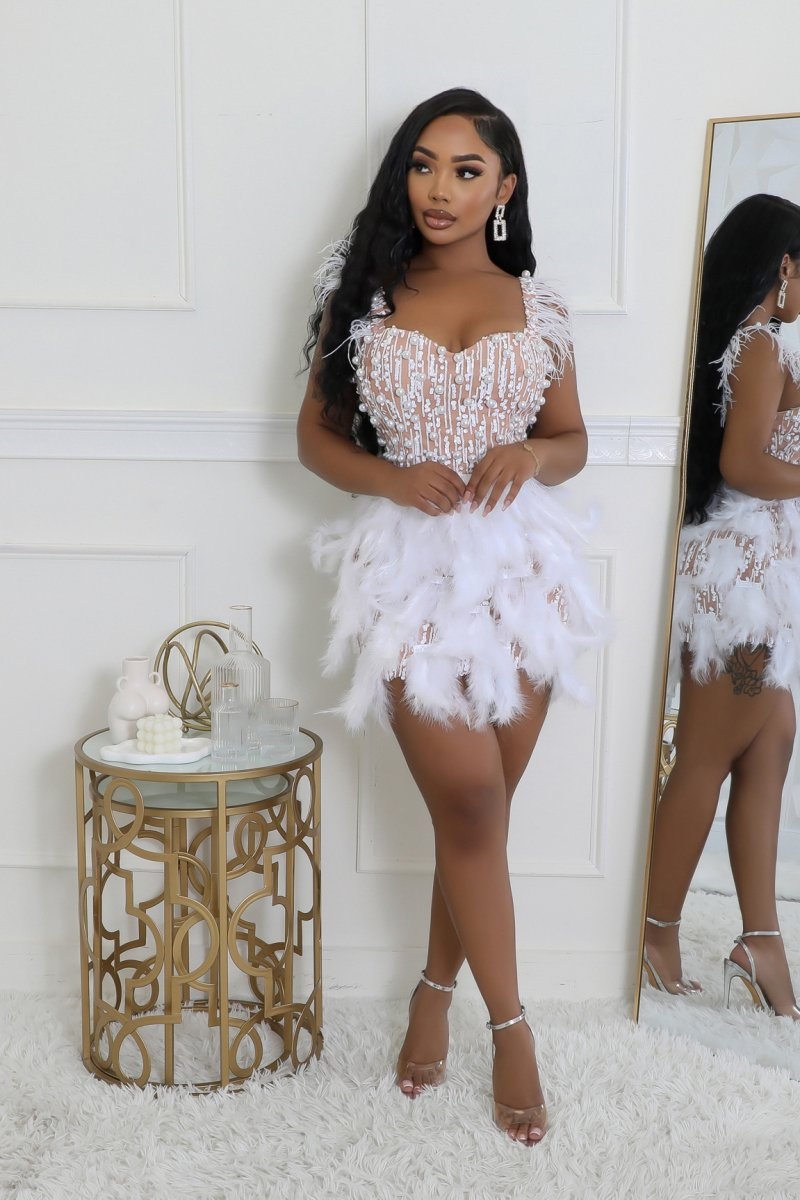 Feather-Trimmed White Mini Dress