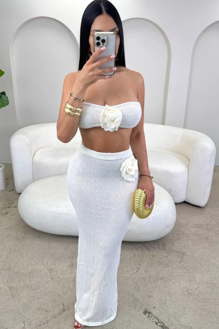 Tropical Crochet 3D Flower Two-Piece Skirt Set